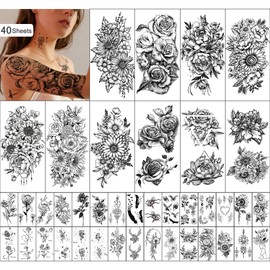 Kaieteur, temporary tattoos, 40 sheets, flowers and animal collection, waterproof, fake tattoos for women and girls