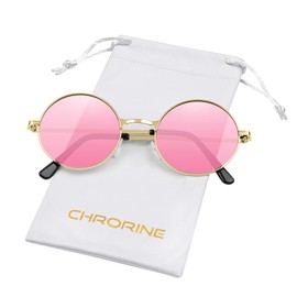 CHRORINE Hippie Sunglasses Round 70s Retro Glasses for Women Men Party Accessory Festival Fashion Vintage Sunglasses (Gold Frame Pink Lens)
