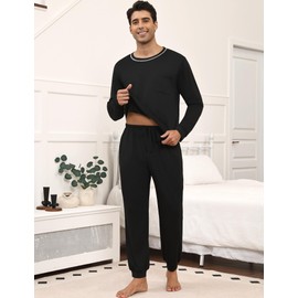 Ekouaer Mens Pyjamas Sets Soft Pjs Loungewear Long-Sleeve Top Elastic and Drawstring Bottoms Sleepwear Pjs Set 2 Piece Black XXXL