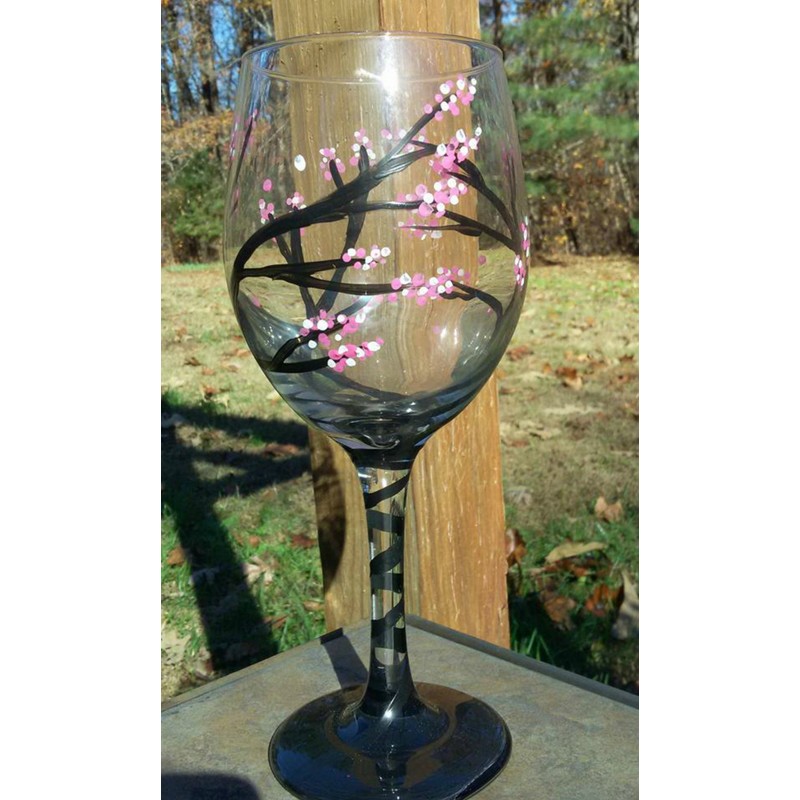 2 Pink Cherry Blossom Tree Stemmed Wine Glasses