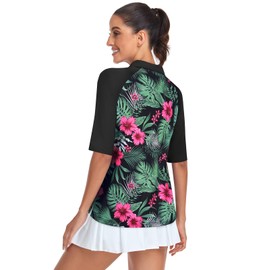 Womens Golf Attire,Cucuchy Ladies Golf Tennnis T-Shirts Elbow Sleeve 1/4 Zip Up Workout Tops Fast Dry Lightweight Moisture Wicking Polo Clothing Floral Red XL