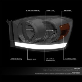 Pair of LED DRL Headlight Assembly Compatible with Dodge Ram 1500 2500 3500 06-09 - Chrome Housing Smoked Lens Amber Corner