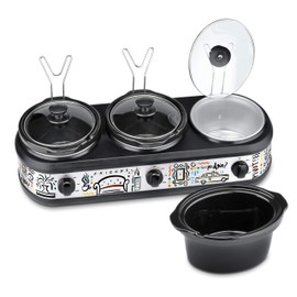 Friends Three 2.5 Qt Buffet Server by Select Brands - Triple Slow Cooker with Removable Stoneware Inserts - Independent Heat Controls - Lid Rests & Serving Spoons Included