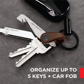 KeySmart Mini Leather Key Holder | Compact Key Chain Key Organizer with Carabiner Key Ring for Car Key Chain | Brown Leather Keychain Accessories (2-Pack)