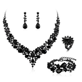 BriLove Wedding Crystal Teardrop Cluster Necklace Earrings Bracelet Adjustable Ring 4Pcs Jewelry Set for Women Bride Party Costume Accessories Black Black-Tone
