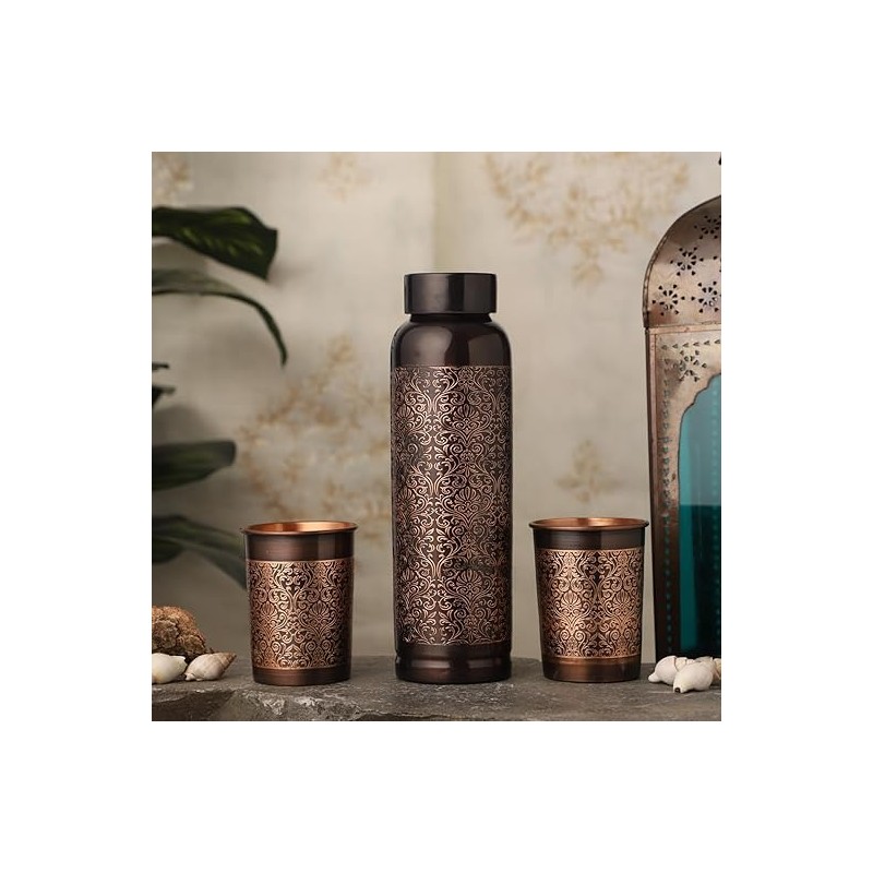 ANCIENTIMPEX Pure Copper Water Bottle with 2 Tumblers Set, Beautiful