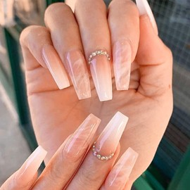 YOSOMK 24PCS Long False Fake Nails Coffin Press on Nails with Designs Full Cover Acrylic Nails Glue On Nail Diamonds Stick on Nails for Women Girls（Pink Diamonds 2）