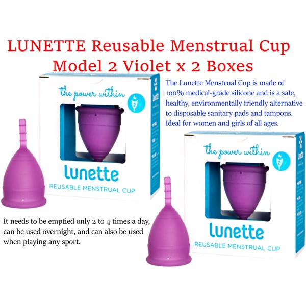 2 x LUNETTE Reusable Menstrual Cup Model 2 - Violet ( Made in Finland ) FREEPOST