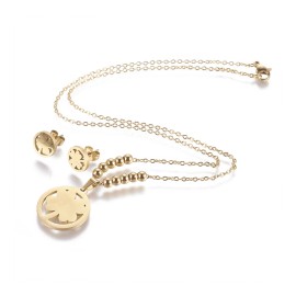 Unbranded Stainless Steel Set Earrings Pendant Necklace Flat Round Clover Gold 17.7' P855