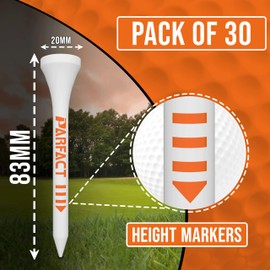 ParFact Golf Tees Wooden | Pack of 30 | Durable Biodegradable Bamboo 83mm Size with Height Markings | Eco-Friendly for Beginners & Pros (WHITE)