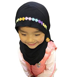 CRIZAN Muslim Islam crystal Headscarf Hijabs Cap for Women Girl Cotton Long Scarf Wrap … (Girls flower black)
