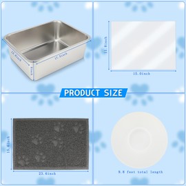 YUEPET 1 Set Stainless Steel Cat Litter Box with High Sides, Durable Metal Cat Litter Basin Pan Easy to Clean Cat Litter Tray for Odor Control with Cat Litter Scoops Cat Litter Mats 17.5"x13.6"x6"