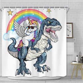 Funny Unicorn Riding Dinosaur Shower Curtain, Cool Cute Cartoon Colorful Rainbow Fantasy Galaxy Space Shower Curtains for Kids Boys Girls Bathroom Decor, Waterproof Durable with 12 Hooks, 72x72