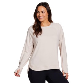 RBX Activewear Women's Workout Top, Active Fashion Long Sleeve Yoga Tunic Crewneck Lightweight French Terry Sweatshirt Pullover with Thumbholes Sand XL