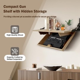 DOLEMODUO Compact Gun Shelf with Hidden Storage, Floating Wall Mount Gun Rack with Automatic Induction Lock, Solid Wood Concealed Furniture for Secure Gun Storage