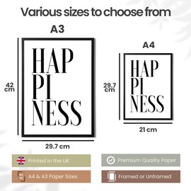 State Media Vision Happiness - Minimalist Typography Print - Black & White Design - Modern Wall Art in a Variety of Sizes (Happiness A4 Print Only)