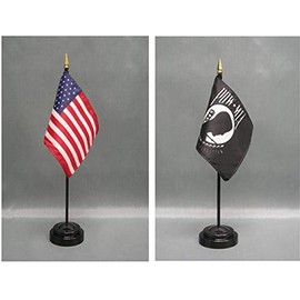 Made in the USA. 1 American and 1 Prisoner of War (POW MIA) 4"x6" Miniature Desk & Table Flag, Includes 2 Flag Stands & 2 Small Mini Stick Flags