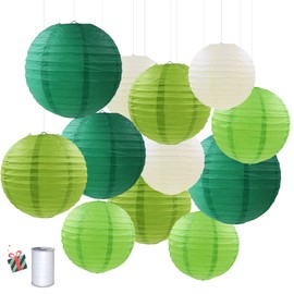Treer Paper Lantern Round Lampshade, 12 Pieces, Various Sizes, Lanterns, Paper Lantern, Wedding, Christmas, Festival, Party Decoration (Green)