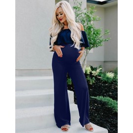 Maternity Pants Palazzo Pants for Women High Waisted Boho Baggy Scrub Flare Slacks Work Bottoms Lounge (Navy Blue M)