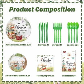 MEHOFOND 145 PCS Book Themed Disposable Paper Plates Set A New Chapter is About to Begin Baby Shower Tableware Decor Storybook Library Reading Book Club Party Decorations, Serves 24
