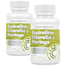 HEALTHADDICTION - 2 Pack Complejo de Espirulina, Chlorella y Moringa, Suplemento Alimenticio - Tabletas de 500mg, 180 Unidades - Toma 3 Cápsulas Diarias