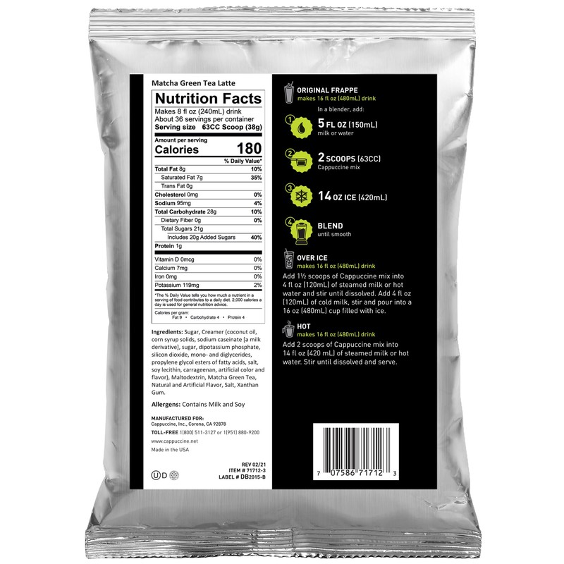 Cappuccine Matcha Green Tea Latte Frappe Mix, 3 Pounds Makes