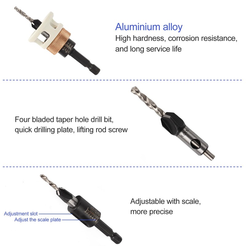 6-Piece Drill Bit with Countersink, Drill Countersink with Depth Stop,