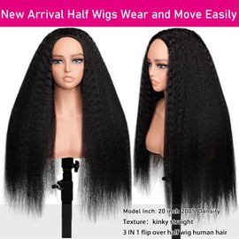 Glueless Half Wigs Human Hair Kinky Straight Headband Wig Upgrade 3 In 1 Half Wig with Drawstring Seamless Clip Ins Flip Over 200 Density Afro Wig Human Hair For Black Women 16 Inch
