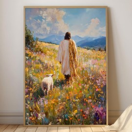 Flower Jesus Wall Art Jesus Sheep Painting Jesus Good Shepherd Picture Wall Decor Bible Stories Paintings Catholic Christian Art Vintage Religious Prints Jesus Walking Painting Room 16x24inch Unframed