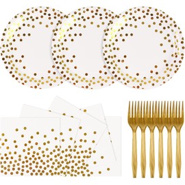 75PCS White Gold Party Supplies, Disposable Party Dinnerware 6.5in Napkins 6.3in Plastic Forks Tableware Set Dessert Plates Party for New Year 2025 Birthday Party Decorations, Serve 25(White, 7IN)