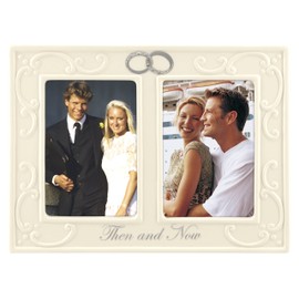 Malden International Designs Glazed Ceramic With Silver Accents And Jewels Double Interlocking Rings Then and Now Anniversary Picture Frame, 2 Option, 2-3.5x5, White