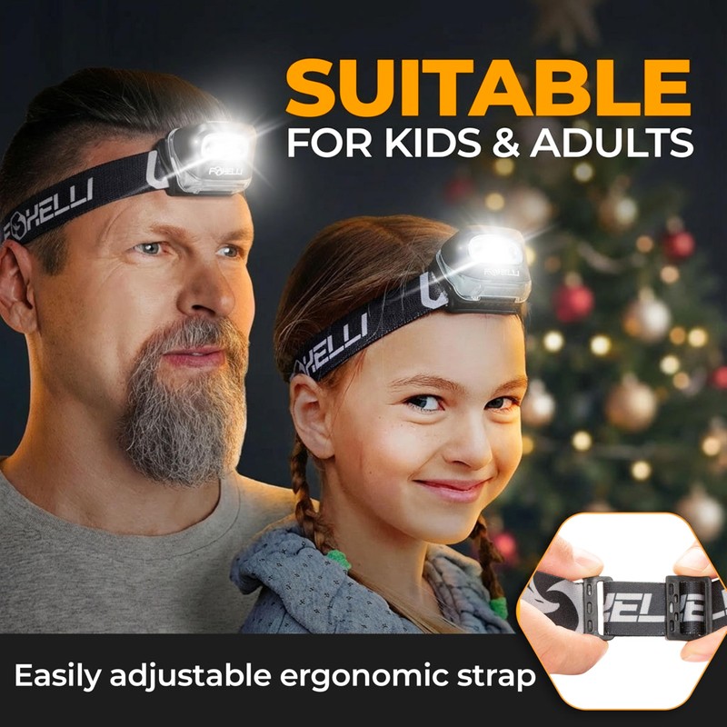 Foxelli LED Headlamp Flashlight for Adults & Kids, Running, Camping,