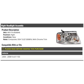 Marketplace Auto Parts Right Passenger Side Headlight Assembly - Compatible with 2004-2008 Ford F-150 (with Chrome Trim)