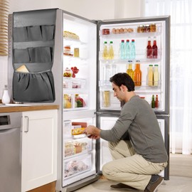 QWORK Fridge Dust Cover Top Organizer with 15 Extra Large Fabric Pockets - Gray Fridge Caddy Organizer Bag for Dorm Office Mini Fridges