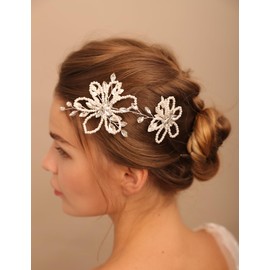 Teyglen 2pcs Flower Wedding Hair Pins Bridal Leaf Flower Headpiece Handmade Crystal Rhinestone Hair Pins Piece Pearl Bride Wedding Hair Accessories for Women (Silver)