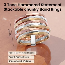 PHNX 9 Stackable Band Ring for Women Size 7.5 – Metal Textured Thin Rings | Brass Copper Silver Hammered | Minimal Chic Boho Jewelry for Daily & Dressy Looks