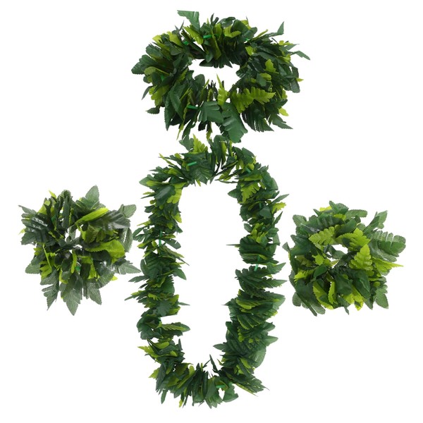 Yardenfun 1set Hawaiian Garland Green Artificial Leaves Headband Necklace Bracelet