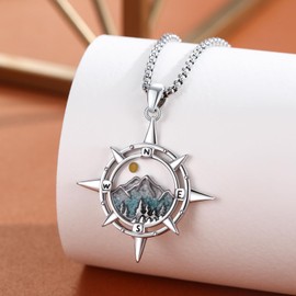Adnix Compass Mountain Necklace 925 Sterling Silver Compass Necklace Mountain Necklace Sun Graduation Compass Jewelry for Women Men