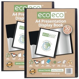 eco-eco A4 Size 50% Recycled 50 Pocket Black Presentation Display Book, Storage Case Portfolio Art Folder with Plastic Sleeves, Pack of 2, eco197x2