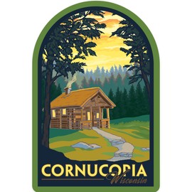 Die Cut Sticker Cornucopia, Wisconsin, Cabin in The Woods Scene, Contour Vinyl Sticker 3 to 6 inches, (Waterproof Decal for Cars, Water Bottles, Laptops, Coolers), Large