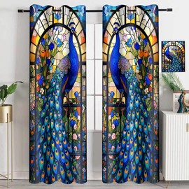 EOTDMS Blue Peacock Blackout Curtains Stained Glass Gorgeous Bird Feather Colorful Floral Curtains for Bedroom Living Room Thermal Insulated Window Drapes 42x84 Inch, 2 Panels