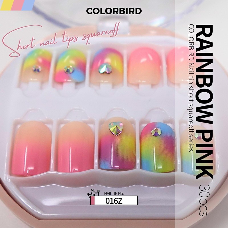 COLORBIRD NAILFAIRY (016Z) Nail Tips, Short, Pink, Rainbow, Cute, 30