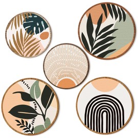 5 Pcs Boho Wall Art Decor Wooden Living Room Wall Decor Bohemian Wall Hanging Decor Farmhouse Geometric Hanging Decor 10'' and 8'' Aesthetic Wood Minimalist Wall Art for Apartment Bedroom (Boho, Leaf)