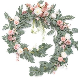 Ling's Moment 9FT Spring Flower Garland for Backdrop Decorations - Wedding Arch Flowers, Eucalyptus & Rose, Artificial Floral Garland for Mantle - Sweetheart Table Decor for Reception, Dusty Rose