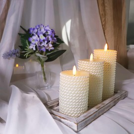 Crystal Club White Flameless Candles,Corded Pattern Carving Battery Operated Candles with Remote Control LED Pillar Candles for Wedding Holiday Home Tabe Décor