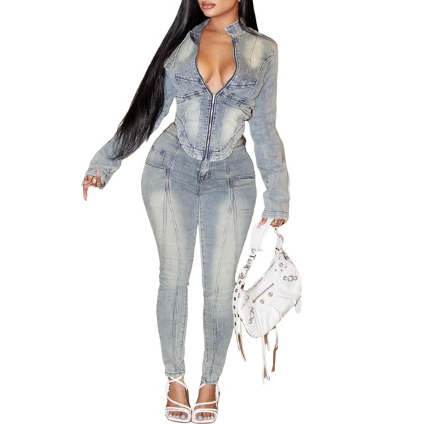 Molilove Women's Two Piece Set Denim Outfits Long Sleeve Zip