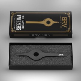 BRV MEN Wide Grip Slant Tweezers - Titanium Coated Stainless Steel - Perfectly Aligned Slanted Tips for Ultra Precision - Professional Tweezers for Eyebrows and Nose/Ear/Facial Hair - (Black)