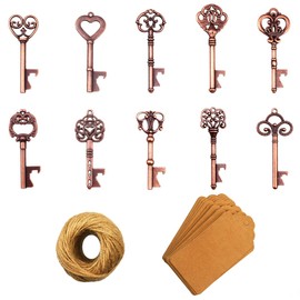 Key Bottle Opener - Pack of 50 Key Bottle Openers with Kraft Paper Gift Tags and String for Wedding Favours Antique Rustic Party Decoration (10 Styles - Copper)