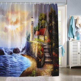 Shocur Lighthouse Shower Curtain, Vintage Scenic Oil Painting by Sunset Coastal Reef Wave with Nautical Tower Cabin, 72 x 72 Inches Polyester Fabric Bathroom Decor Set with 12 Hooks