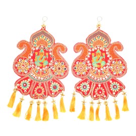Set of 2 Ganesha Hanging Handmade Velvet Cloth Kalash Design Rajasthani Work For Home Latkan Jhumar Toran For Entrance Door Indian Traditional New Year Festival Decoration (Size:-15"X9")(Multicolour)